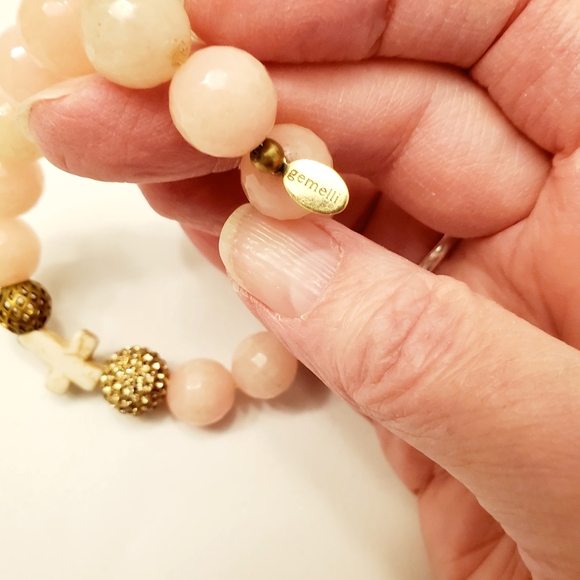 Gemelli Pink Beaded Stone Bracelet, Faceted Stones, Cross, Stretch - Picture 3 of 5